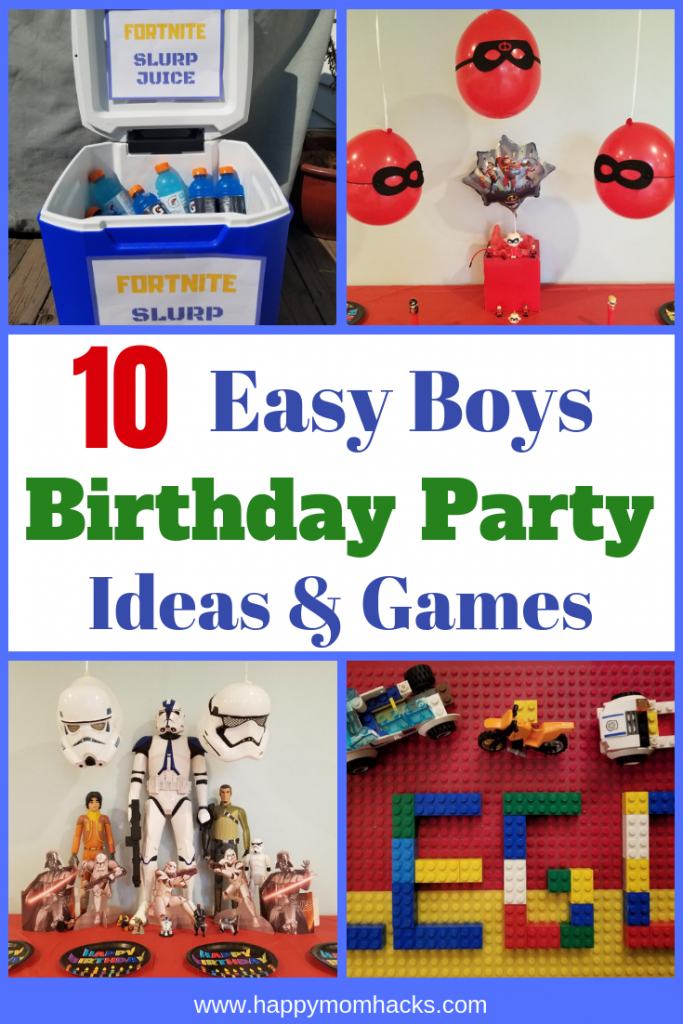 10 Awesome Birthday Party Themes and Ideas for boys. All the ideas and games you need to figure out your kids next birthday. Find Fortnite, Nerf Gun, Sports, Star Wars and Game Truck Ideas for the older kids. For the younger boys find Lego, Paw Patrol, Incredibles, PJ Masks, and more. Get ready for a great party. #boysbirthday, #birthdaypartyideas, #birthdaytheme