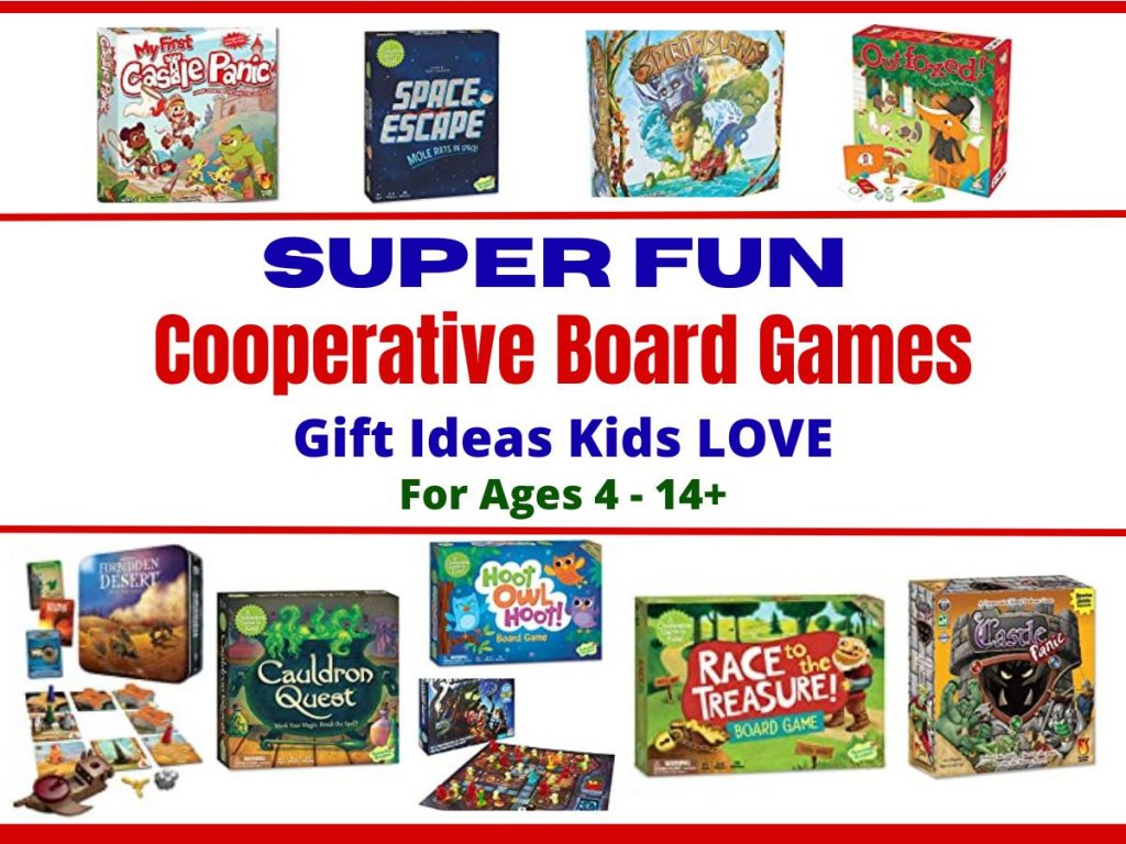 14 Cooperative Family Board Games for kids. Great board game gift ideas for kids birthdays, and holidays.