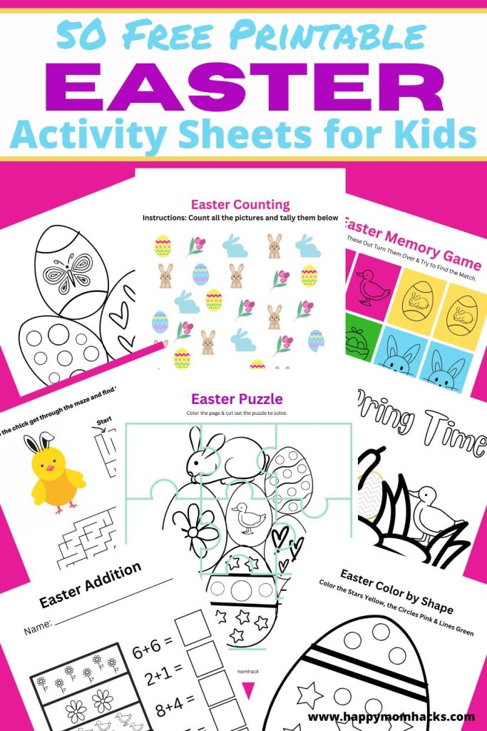 Fun Easter Activity Sheets & Coloring Pages for Kids. 50 Free printable pages with Easter mazes, coloring pages, math pages, color by shape, Memory game, color by number, counting and more. Entertain kids at school and Easter Sunday. A fun Easter packet to entertain kids all day on Easter. Just print it out and start coloring.