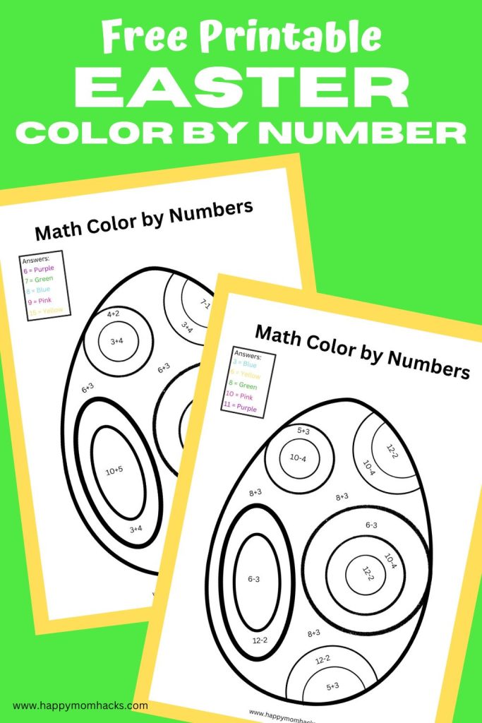 Free Printable Easter Color by Number math problems for kids. Solve the subtraction or addition problem and color in the section to create a beautiful Easter Egg.
