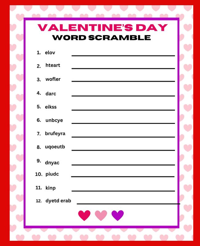 Kids will have a blast trying to solve this free printable Valentine's Day Word Scramble at home or in the classroom.