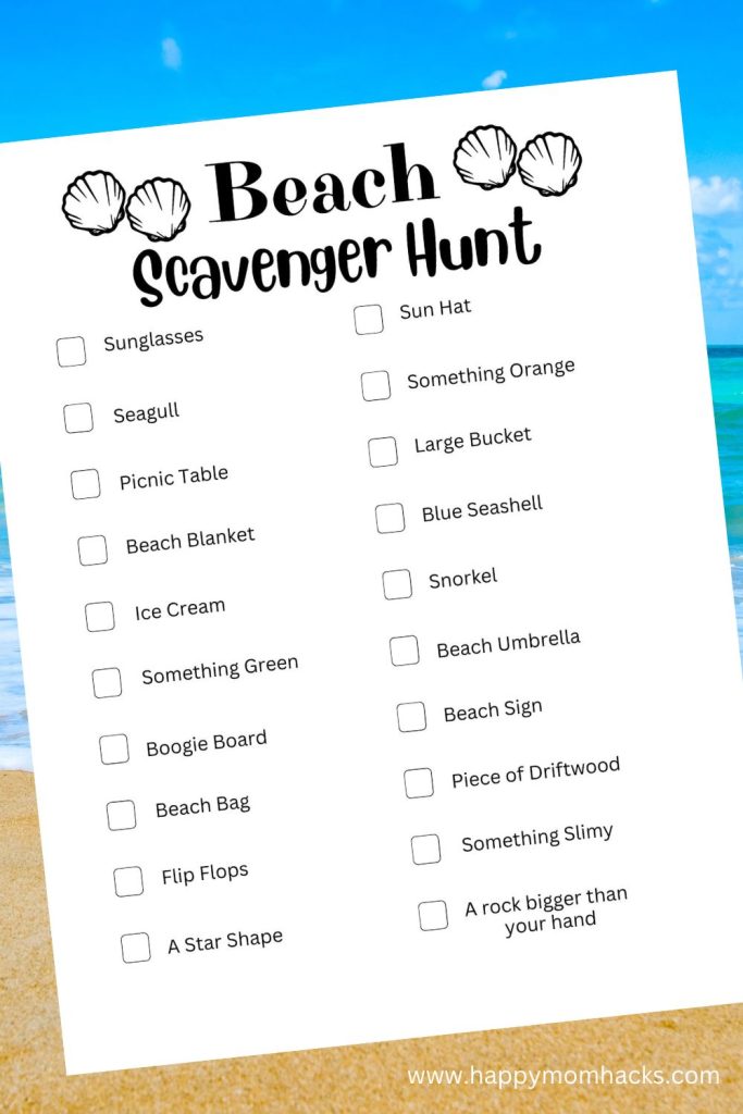 An easy to print black and white version of the free beach scavenger hunt.