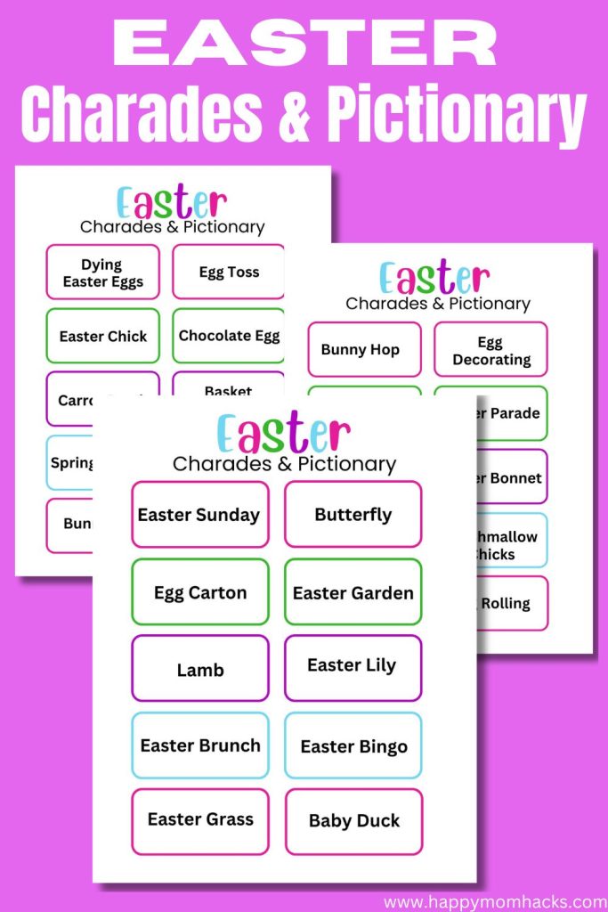 Fun Easter Charades & Pictionary Words printable Easter game to challenge your family this Easter Sunday. An easy holiday game to play at home, in the classroom or Sunday school. Just print it out and you're ready to play!