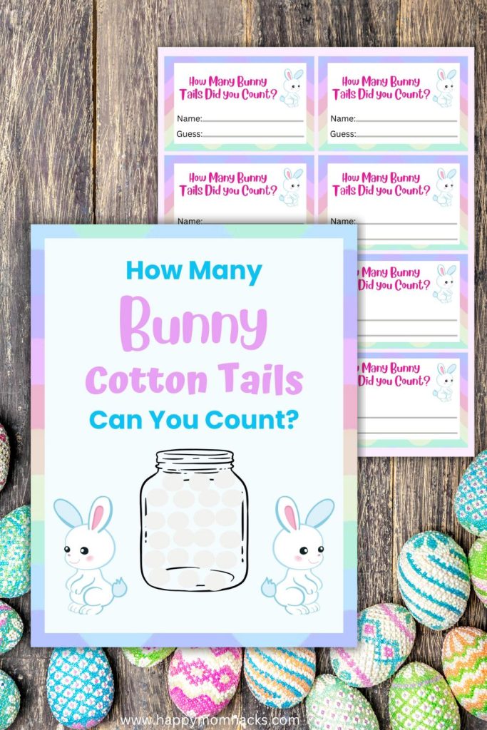 Play Easter Guess how many game at your next Easter party or classroom party. Super easy to set up just print out the Easter Guess how many cotton tails sign and printable guessing cards. Then add cotton balls to a large jar and let kids and adults guess how many cotton tails are in the jar.