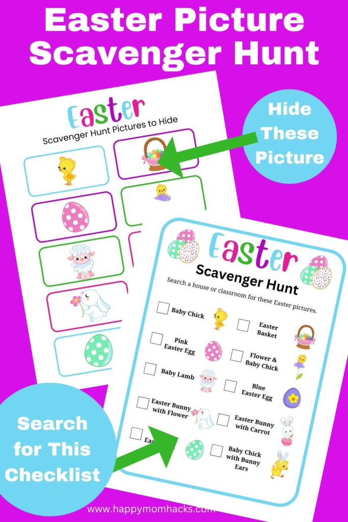 Fun printable Easter Scavenger Hunt with pictures to entertain your kids this Easter Season. You'll get a printable scavenger hunt checklist and pictures to cut out and hide at home or in the classroom. An easy family easter game that works for younger kids, older kids and adults. Play this at you're next Easter party!