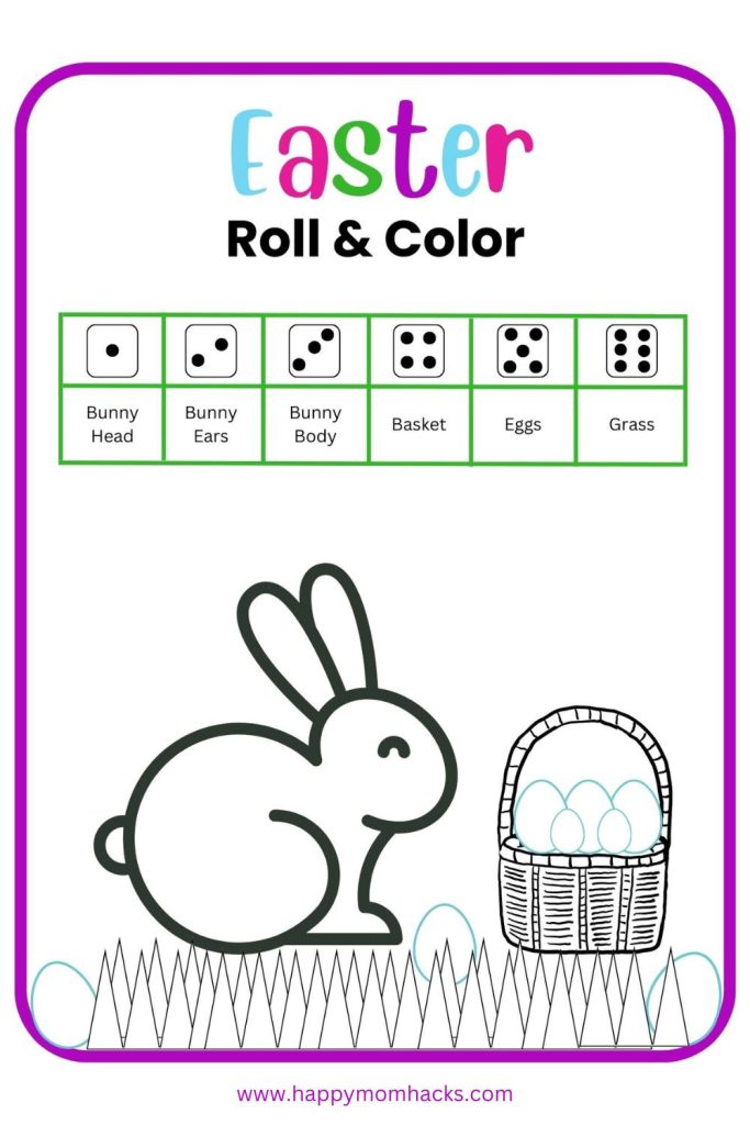 This Easter Roll and Color Easter activity is a fun coloring activity for the classroom, at home or at an Easter party. Kid will color the bunny, Easter basket, Easter eggs and grass based on how they roll the dice. Just download, print and play!