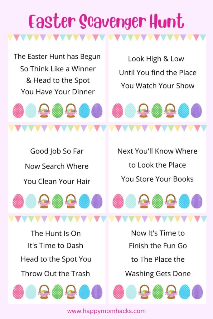 Exciting Easter Scavenger Hunt clues to send your kids on an Easter treasure hunt to find their Easter baskets. Just print out the Easter clues, hide them at home and send your kids on a search of the house. They'll love the extra thrill of finding what the Easter Bunny left them!