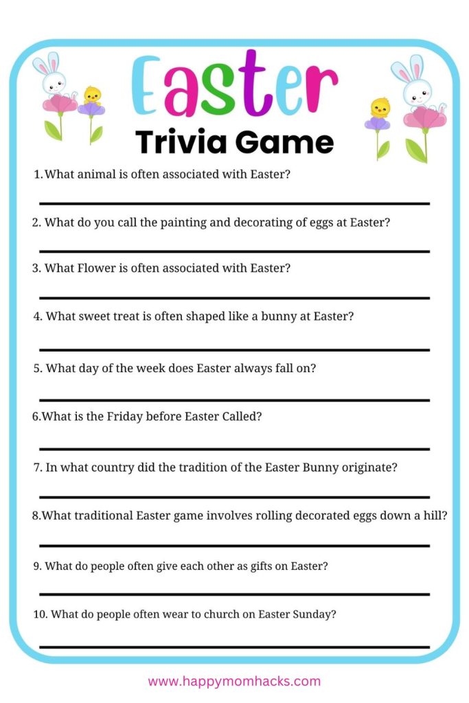A family Easter Trivia Game printable to entertain the whole family on Easter Sunday, family game nights or in the classroom. Easter questions that kids and adults can try and answer. See who in the family can get the most Trivia questions correct. Just print and play!