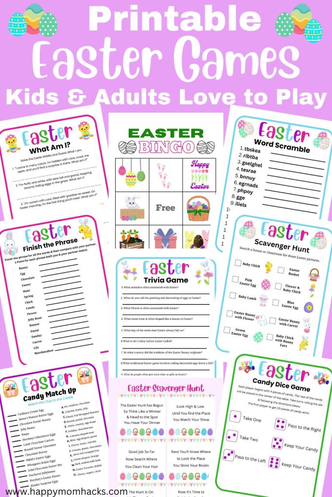 Families will enjoy these Printable Easter Games for kids. A game bundle with 17 Easter activites like Easter Trivia, Easter Scavenger Hunts, Easter Word Scrambles, Candy Dice Games, Candy Matching, Finish the Phrase, Easter Charades & pictionary, coloring pages and more. Easy games to entertain kids in the classroom, Easter Parties, Easter dinner or Sunday school. Just download, print and play!