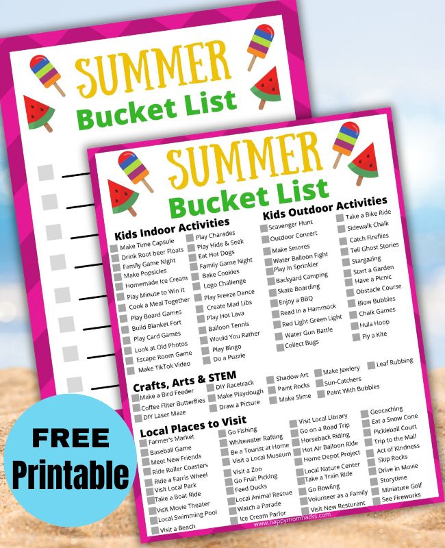 Fun Summer Bucket List for kids and families. Includes a free printable summer bucket list with 110 summer activity ideas and a blank bucket list to make your own family bucket list.