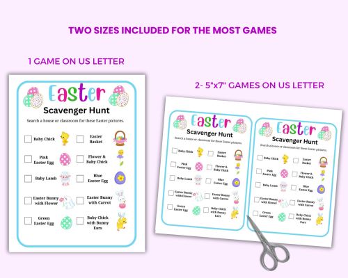 In the printable Easter Game budle you will get games in two size US Letter and US letter with two 5x7 game cards.