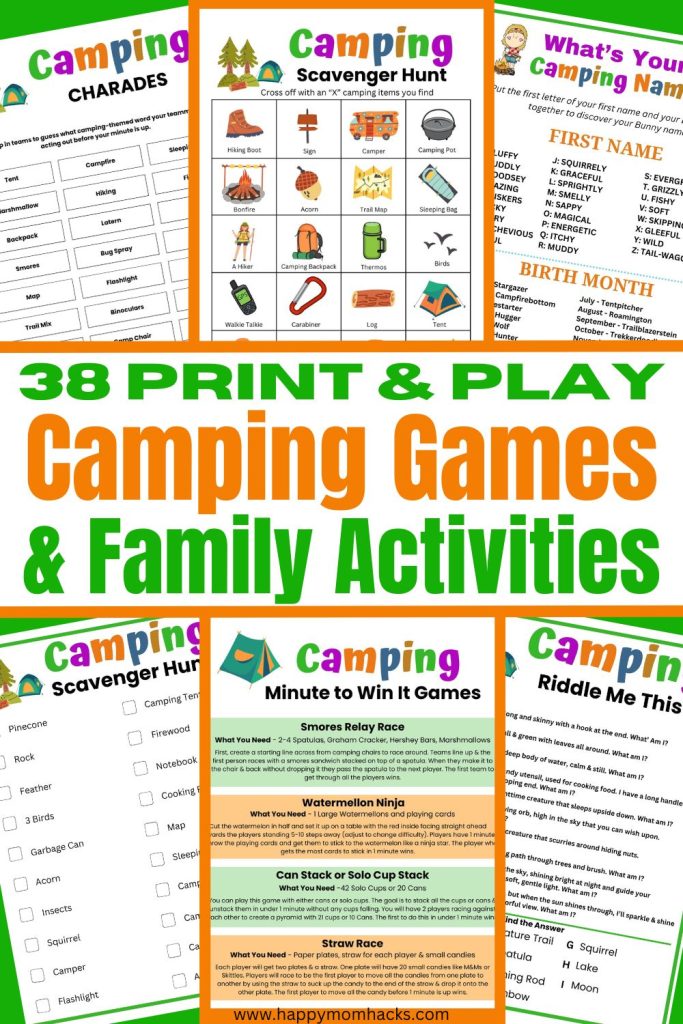 38 fun camping games for kids & familes to play on camping trips. Print and play campground games like camping scavenger hunts, charades, minute to win it games, What's Your Camping Name, Word search, coloring pages, animal match up, camping trivia and more. Great kids group activities for scouting events or family campouts. Plus individual games for kids to play on their own while your setting up your campsite.