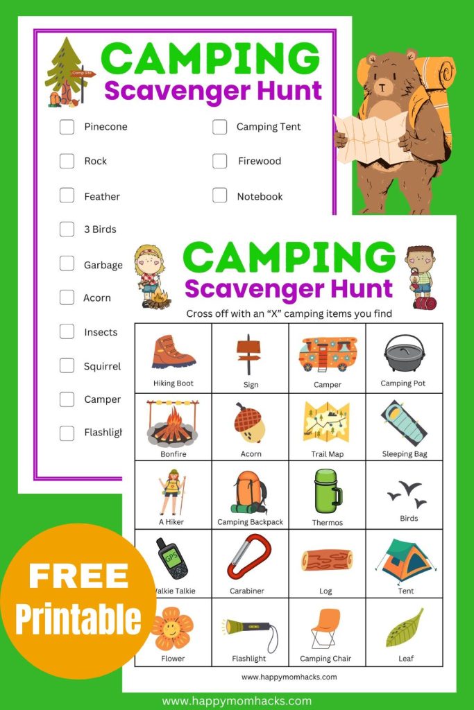 Two Camping Scavenger Hunt Printables for kids. A free camping game with a picture hunt for younger kids & scavenger hunt checklist for older kids. A fun camping activity for the whole family to help you explore your campgrounds or keep kids busy while setting up camp. Just print the scavenger hunt ideas and play!