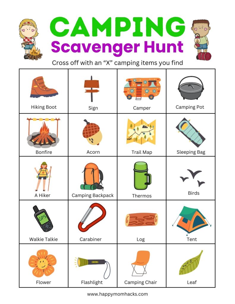 Kids love this Camping Scavenger Hunt Free printable camping game. It's a great way for Preschool kids to elementary age kids to explore their campground finding all the scavenger hunt ideas. A fun scout activty, family activity and camp activity. Just print out the free camping scavenger hunt and play!