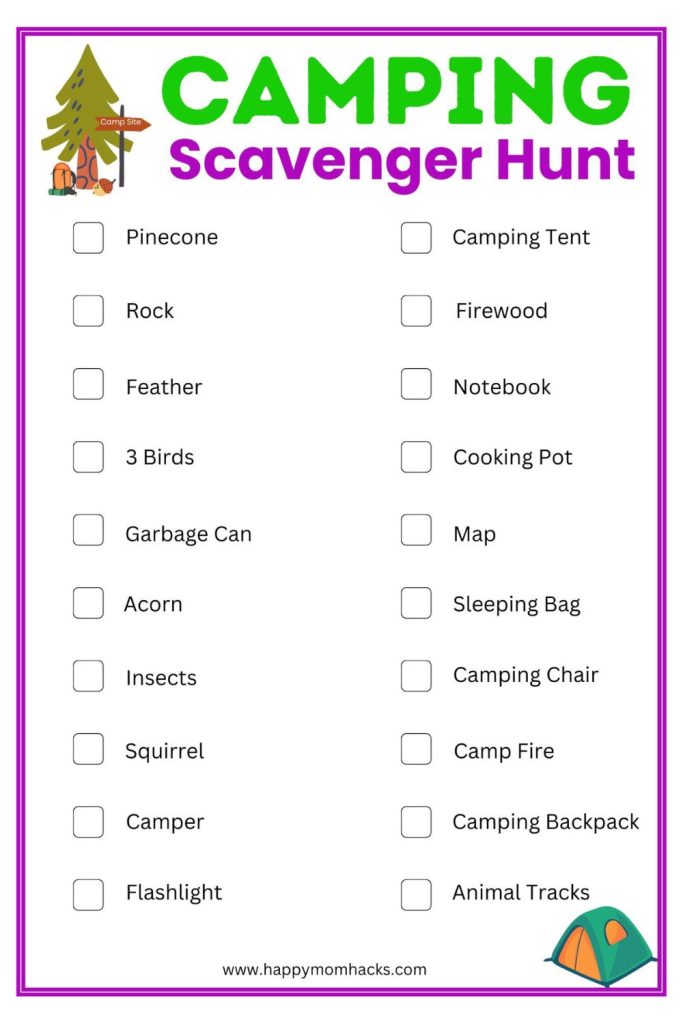 Kids, Teens & Tweens enjoy this Camping Scavenger Hunt as a fun way to explore the campgrounds on your family camping trip. The free printable hunt is an easy camping game for boys scouts, girl scouts, camp counselor & familes. Just download the camp activity, print and play!