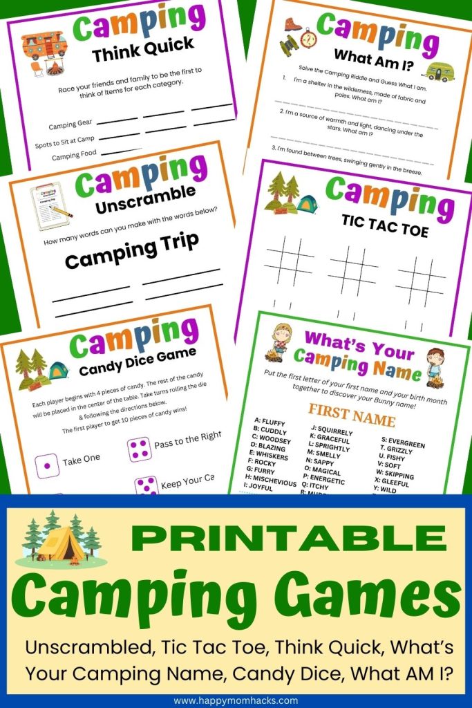 Enjoy playing fun camping games with kids on your next camping vacation. Entertain kids and adults with camping themed games like Think Quick, What Am I, Camping Unscramble, Candy Dice Game, What's Your Camping Name, Tic Tac Toe and more. With 38 printable camping games you're sure to find a few games your family will love playing.