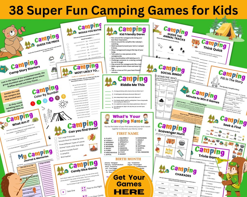 Families will have a blast playing these printable camping games. 38 unique camping activities like camping scavenger hunts, charades, social bingo, guess the animal tracks, camping charades, trivia, fireside chats, What am I, What's My Camping Name, kids camping journal, coloring pages and more. Just download, print and play!!
