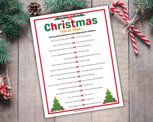 Free Printable This or That Christmas Edition Questions for kids, teens and adults. A fun Christmas party game for office parties, classroom parties, Christmas eve and Christmas day games.