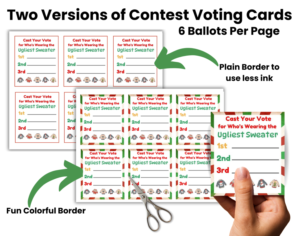 Ugly Sweater printable voting ballot templates. Two versions of voting cards with a colorful border and plain border.
