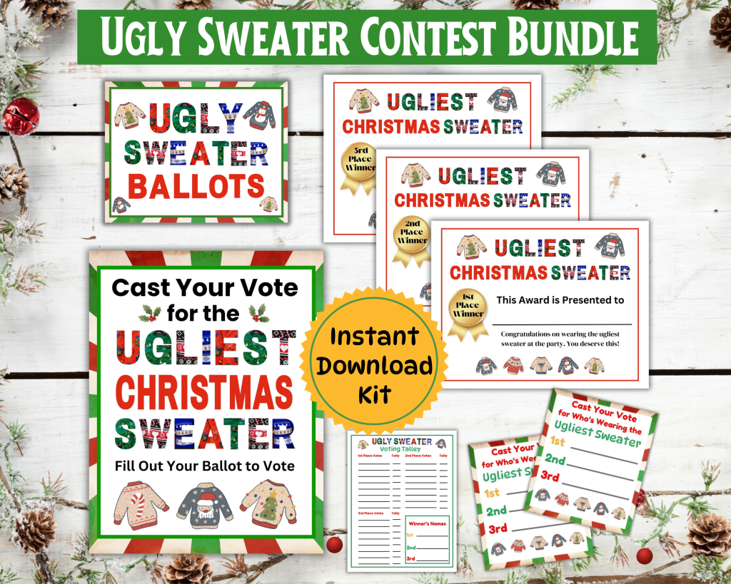 Be ready for your Ugly Sweater party with an Ugly Christmas sweater contest bundle. It includes ballot signs, voting cards, award certificate templates, cast your vote sign and a voting worksheet.