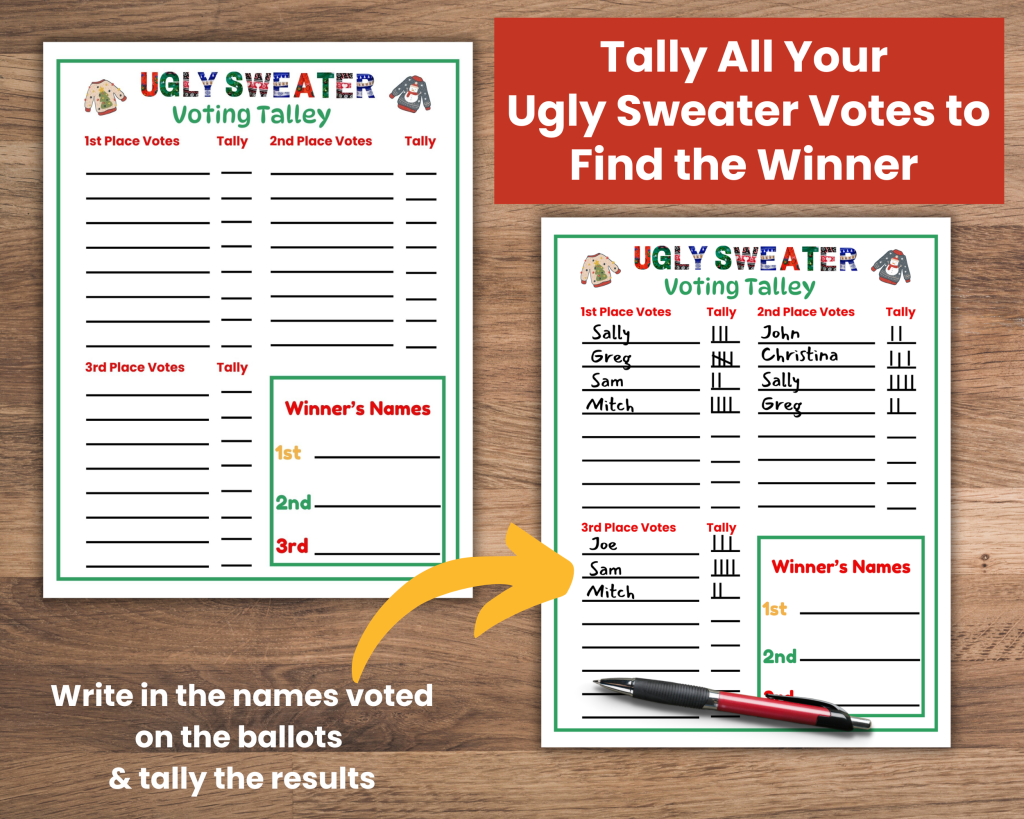 Tally up all the Ugly Christmas Sweater Ballots on this ugly sweater worksheet.