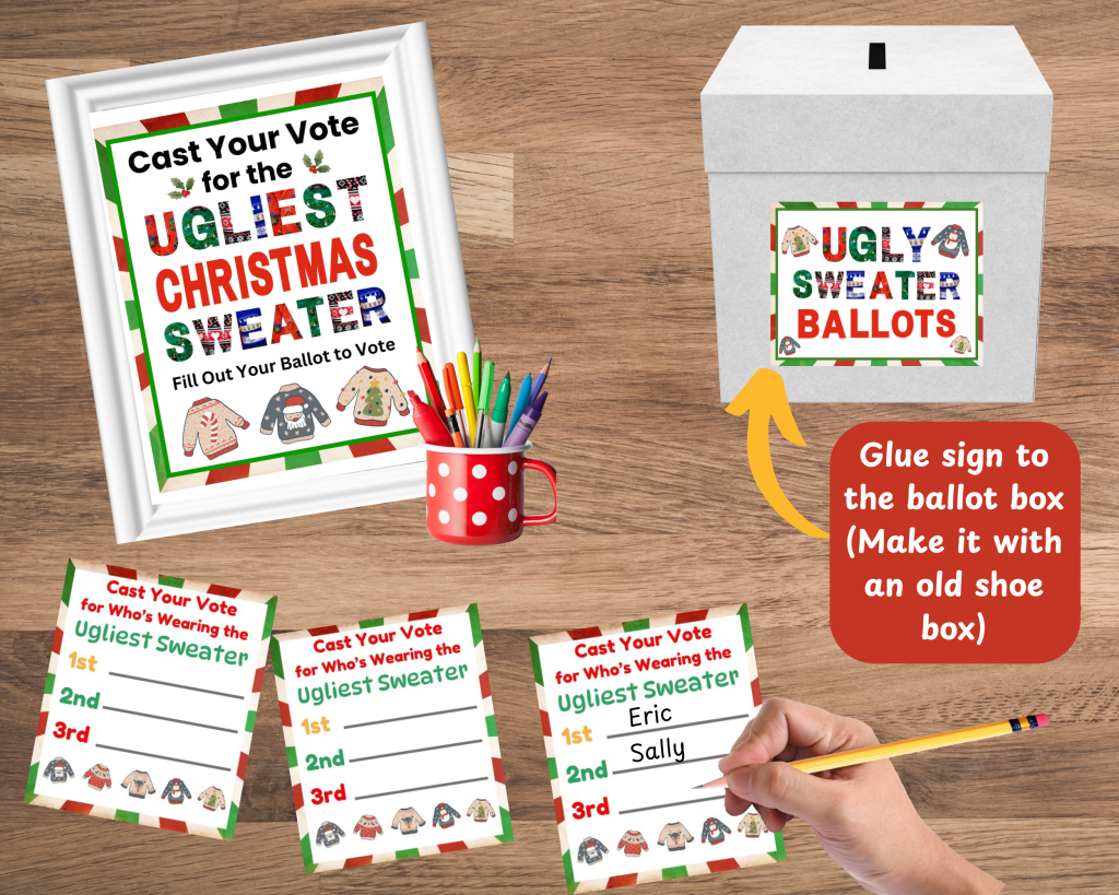 How to set up your Ugly Sweater contest with a ballot box, voting ballots and a cast your vote sign.