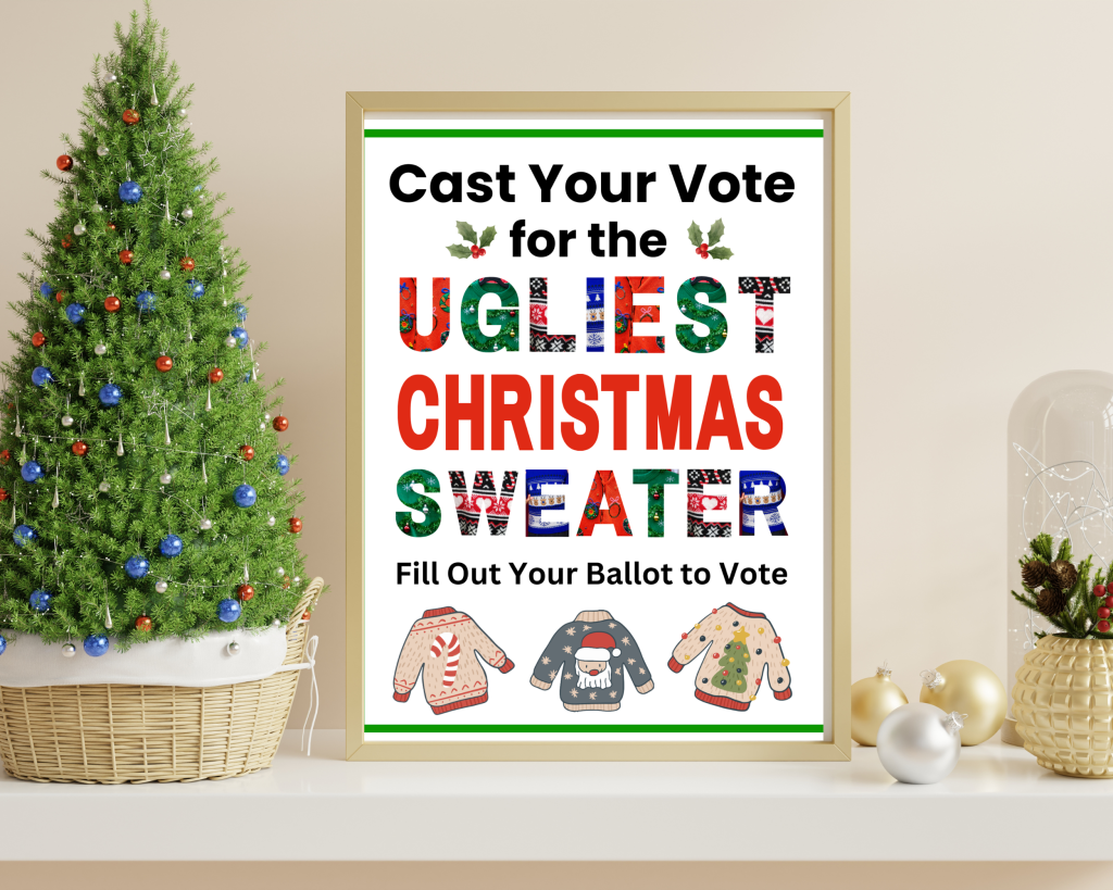 For your Ugly sweater game place a printable cast your vote sign in an 8x10 picture frame next to your voting cards and ballot box.