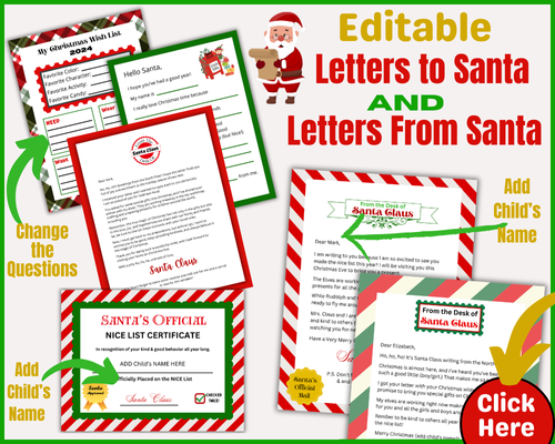 Personlize your kids Letters to Santa and Letters from Santa to your kids with these easy editable Dear Santa letters. Simple to add your child's name or change questions with the free version of Canva.
