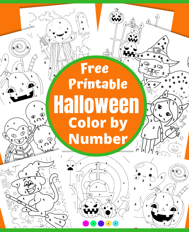 Cute Halloween color by number free printable coloring pages for kids. A fun Halloween activity at home, classrooms or Halloween parties.
