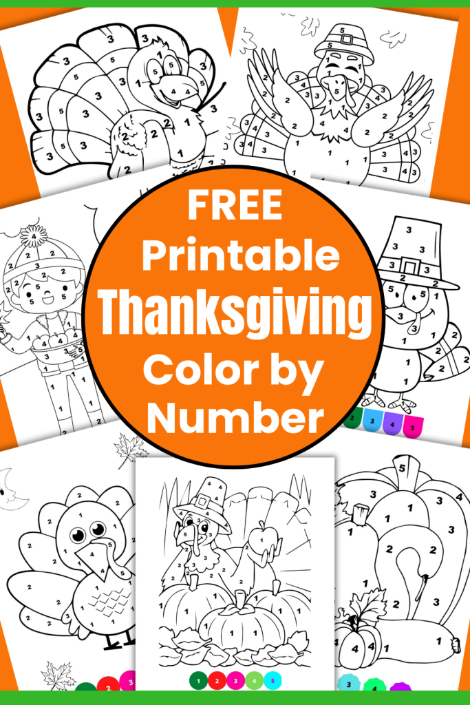 30 Free Printable Thanksgiving Color by Number pages. Cute coloring pages for kids on Thanksgiving day or as a classroom activity.