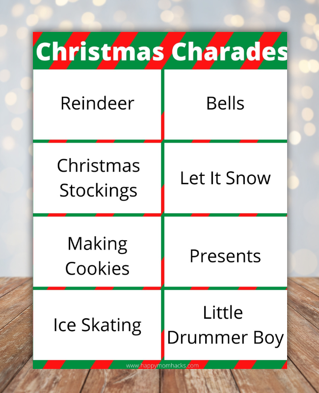 Fun Christmas Charades games with free printable holiday Charades word list for Christmas parties with kids, teens and adults.