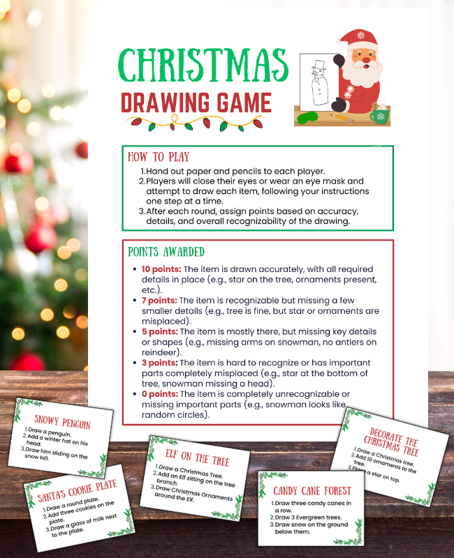 Fun Christmas Drawing game instructions and printable holiday Drawing prompts,