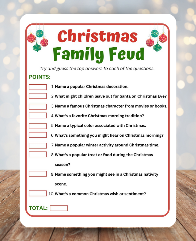 Fun Christmas Family Feud game a free printable holiday game for families.