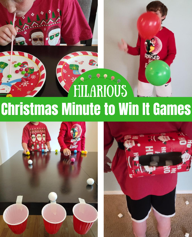 Funny Christasm Minute to Win it for kids, teens and adults. Fun family Christmas games for your next Christmas party.