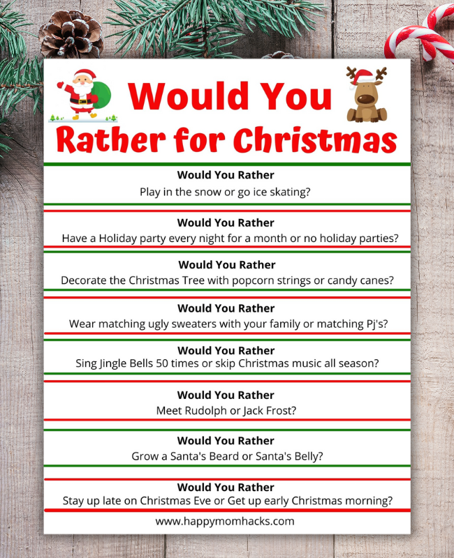 Debate friends and family with these free printable Would You Rather Christmas Questions for kids, teens and adults.