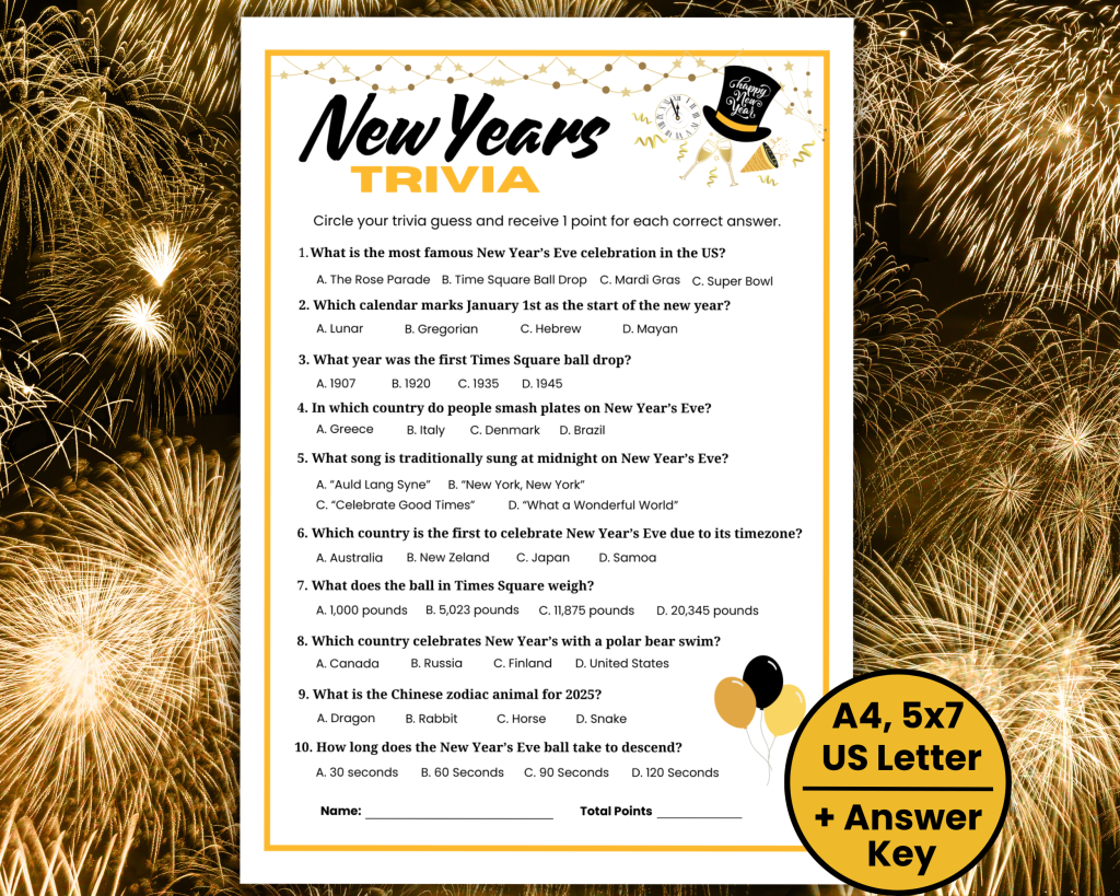 Fun New Year's Eve Trivia Game for families with Trivia Questions for the whole family to play at New Year's Eve parties.
