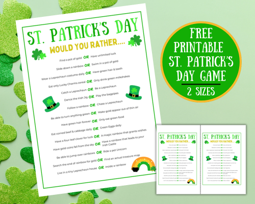 Grab this Free printable St. Patrick's Day game with hilarious St. Patrick's Day Would You Rather questions. Great conversations starters for classroom parties, St. Patrick's Day parties or family game nights.