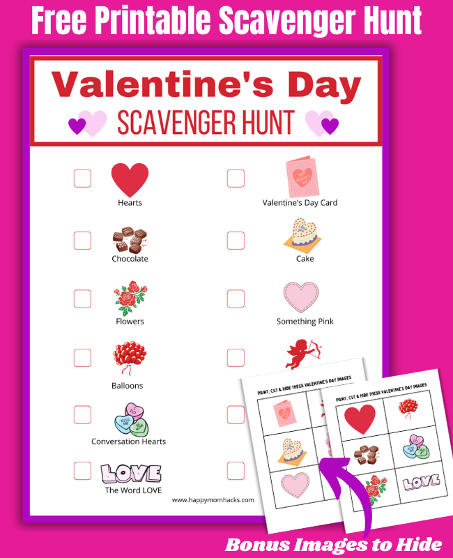 Fun & Easy Valentine's Day Scavenger Hunt with free printable bingo cards and clue images to hide around a house or classroom.