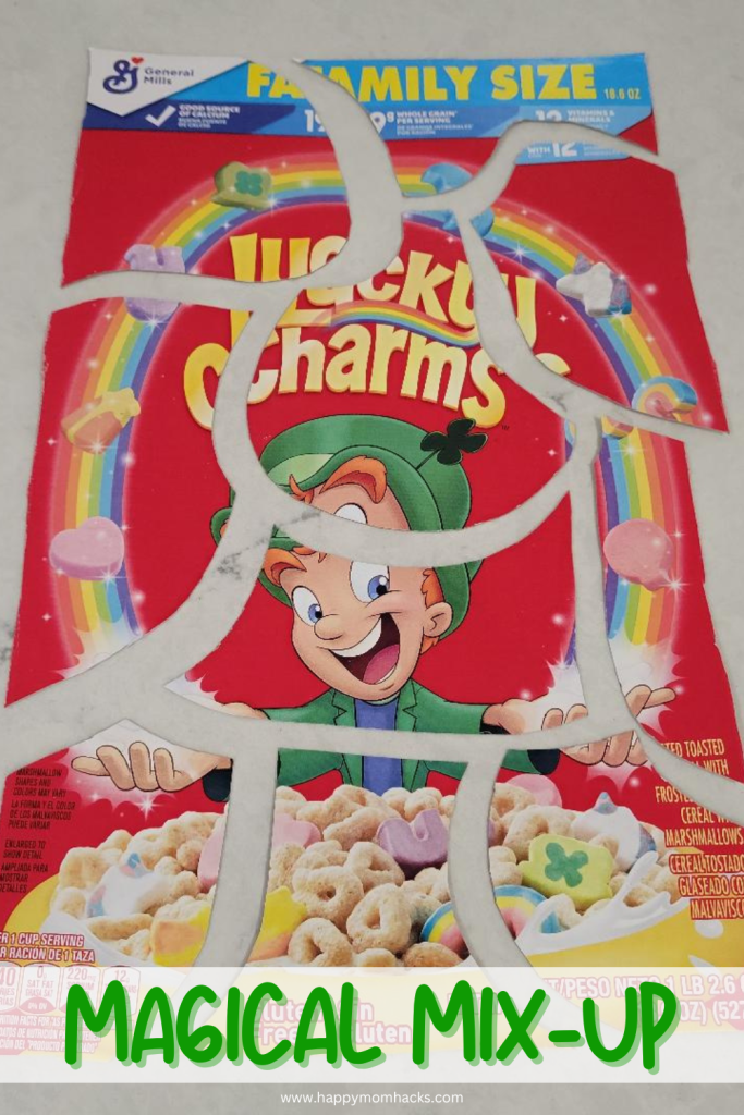Lucky Charms Cereal box puzzle a fun Minute to Win it game for St. Patrick's Day parties or classroom activities.