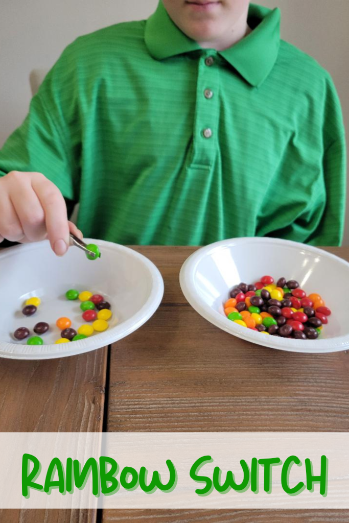 Quick & Hilarious St. Patrick's Day Minute to Win it games for kids, teens and adults. Play this fun Rainbow Switch 60 second challenge to move Skittles with a twizzer from one bowl to another bowl. A fun party game for all ages.