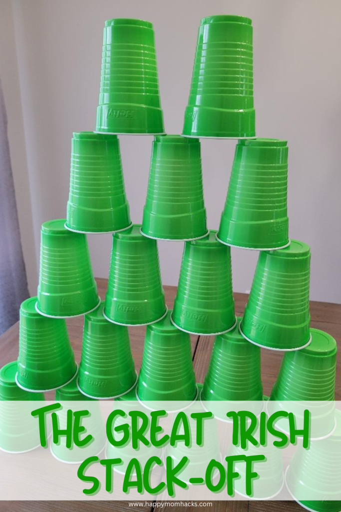 Race friends & family in this St. Patrick's Day Minute to Win it game. Players are given a 60 second cup stacking challenge to stack and unstack green cups. Be the first to finish to win the St. Paddy's Day challenge. A fun party game for all ages at St. Patrick's Day parties, or classroom parties.