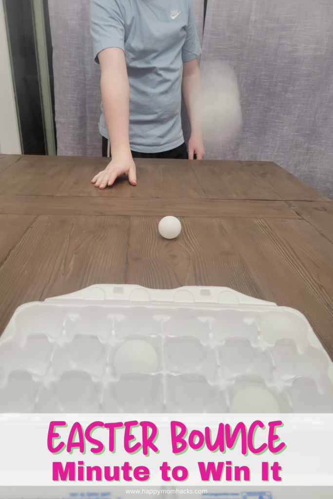 Challenge friends & family to an Easter Minute to Win It Game. Try and bounce ping pong ball into an Easter egg carton. A Quick 60 second challenge that's a blast to play at Easter parties, Classroom parties, and family game nights on Easter Sunday.