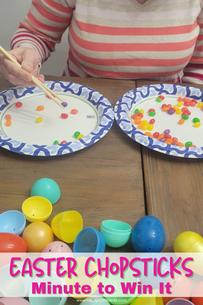 30 Fun Easter Minute to Win It Games. Play party games like Easter Chopsticks picking up jelly beans with chopsticks in a 60 second challenge. A super fun one minute game for kids, teens and adults to play at family Easter parties.