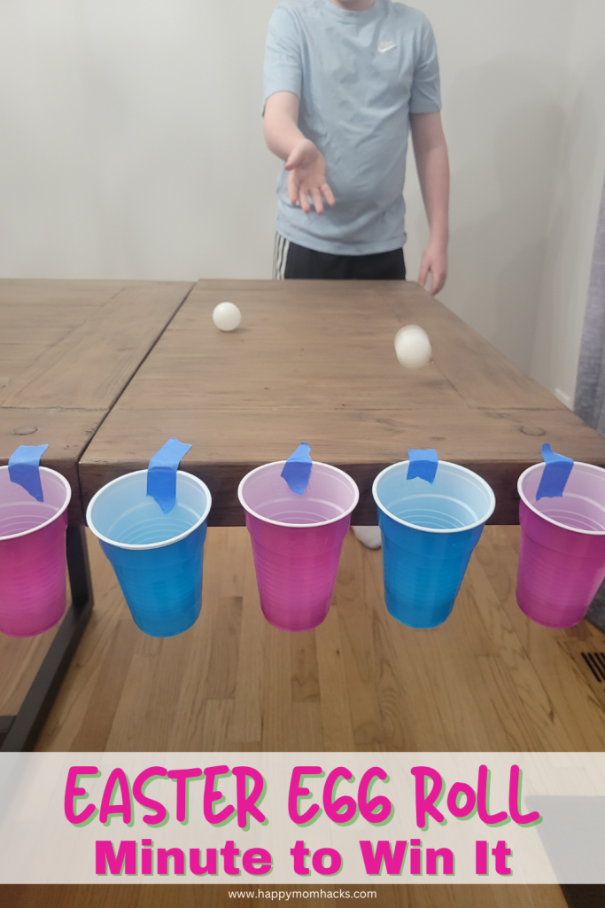Simple Easter Minute to win it game called Easter Egg roll is a blast to play with kids, teens and adults. A 60 second challenge to roll your ping pong ball into solo cups before the one minute timer is up. The perfect game for Easter parties, classroom games, Sunday school game and familes on Easter Sunday.