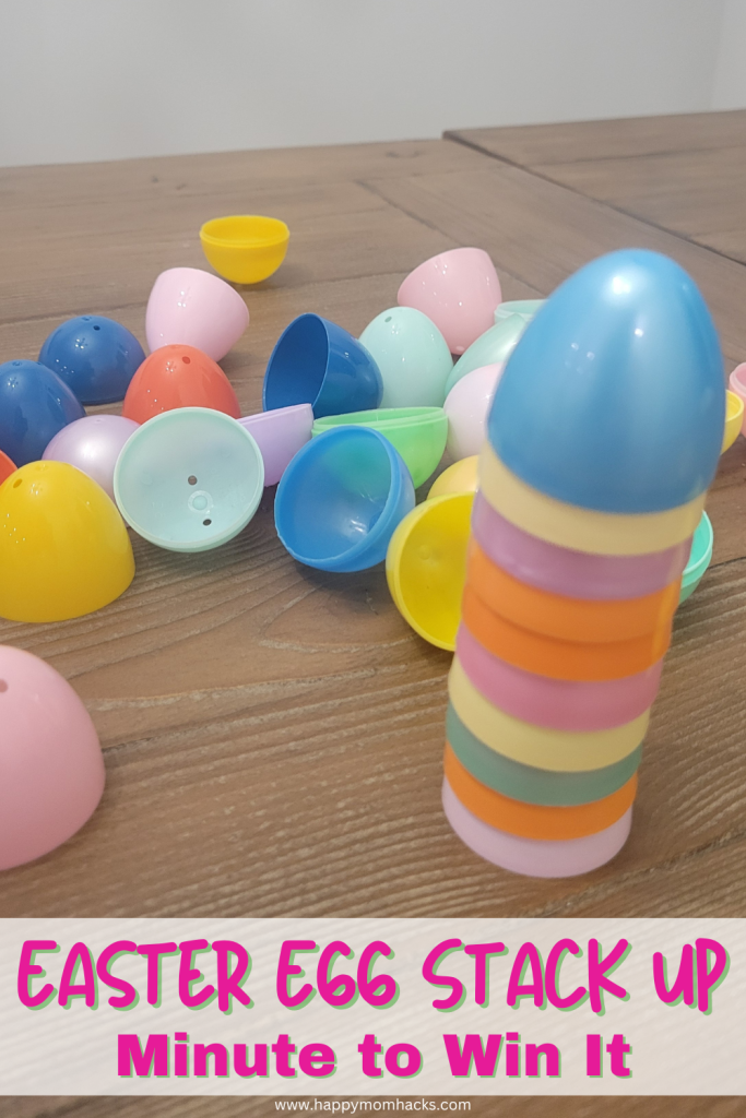 Quick & Funny Easter Minute to Win It Games like Easter Egg Stack Up. 30 easy to make 60 second games that challenge friends and family to beat the clock in funny one minute games. This game stacks up Easter egg halves to see who can stack it the tallest before the one minute timer goes off.