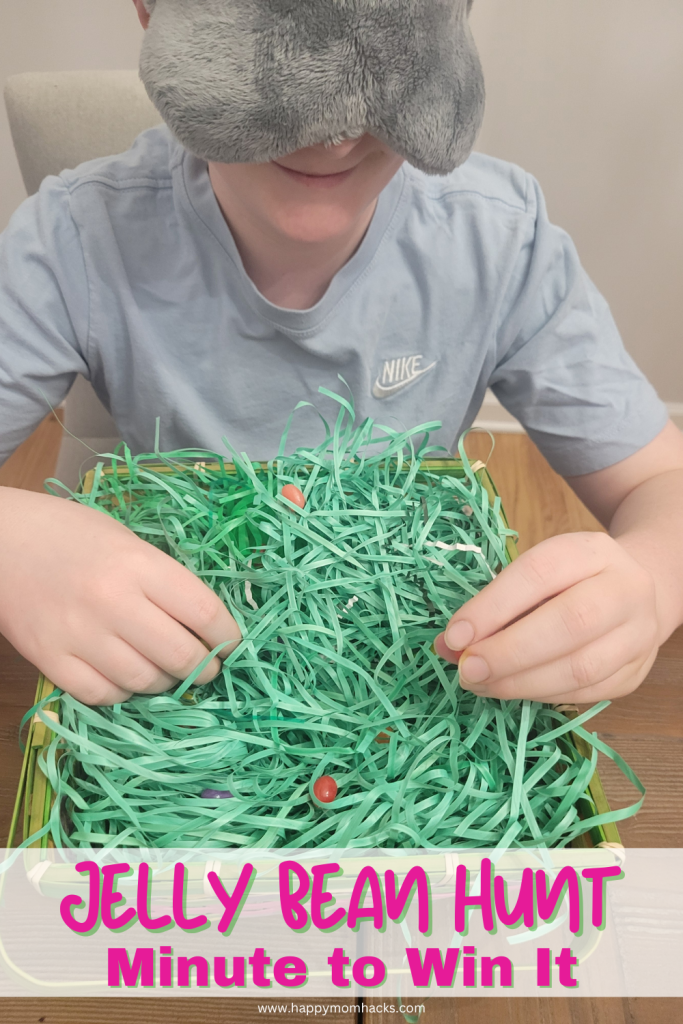 Easter 60 Second Challenge for kids, teens and adults to find the jelly beans in the Easter basket. Players have one minute to find all the Jelly beans while blindfolded. It's a hilarious Easter Minute to Win It game for Easter parties, classroom games, Easter Sunday or sunday school.