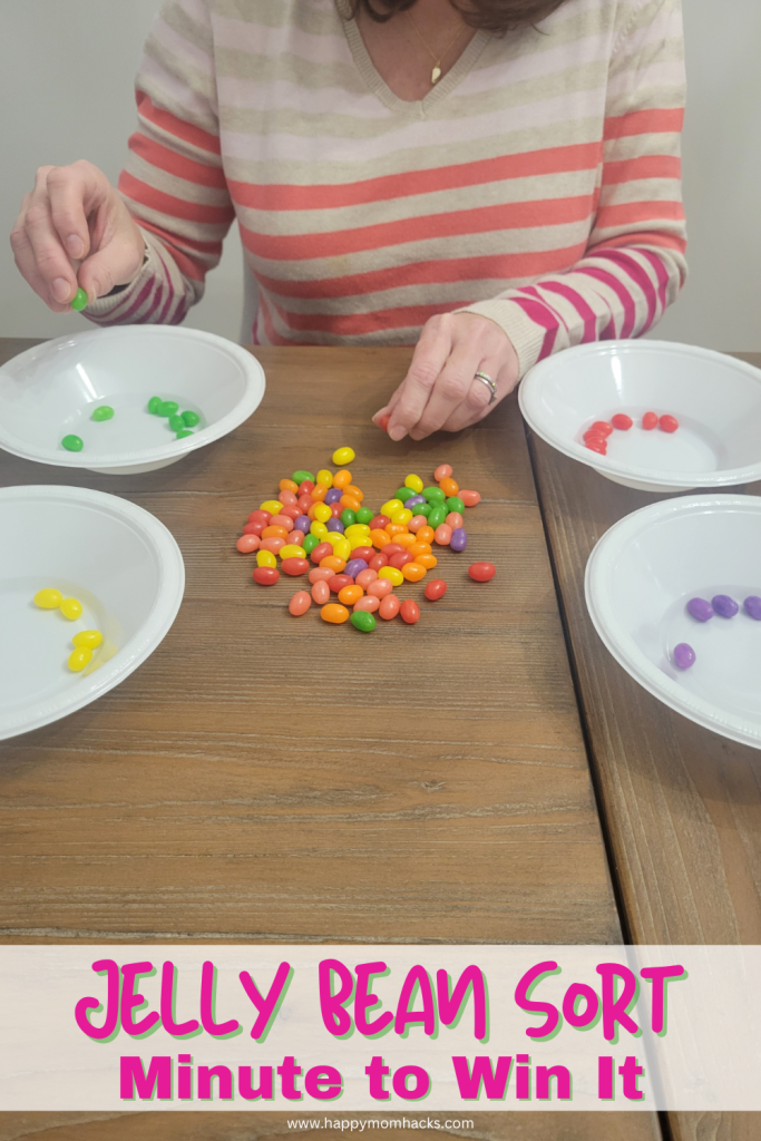 Fun Easter Minute to Win it Game sorting Jelly beans in a 60 second challenge. Players have one minute to sort by color the Jelly beans. A fun Easter game for Easter parties and families on Easter Sunday.