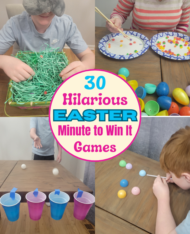 30 Easy Easter Minute to Win It Games for kids, teens and adults. Hilarious one minute games to complete in 60 second challenges at Easter parties, Classroom parties, chruch games, Sunday school or as family games on Easter Sunday.