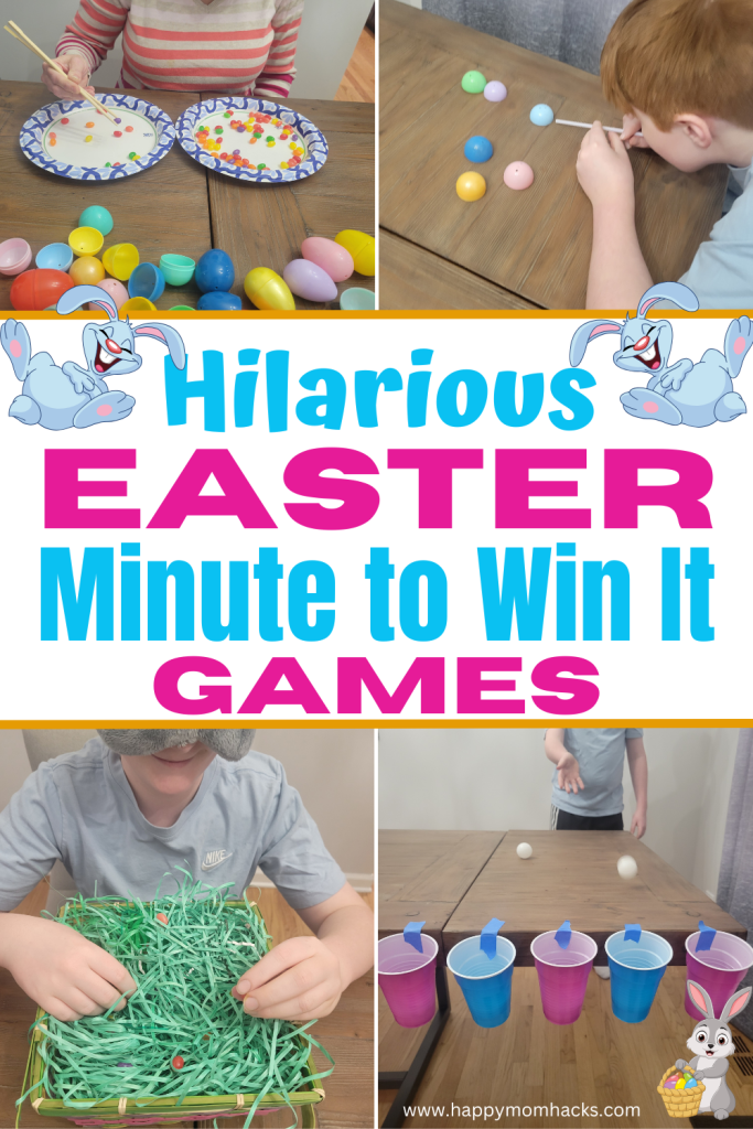 Plan a fun Easter Party with hilarious Easter Minute to Win it Games. 30 easy one minute games that will challenge kids, teens and adults to race the clock with silly easter challenges. The perfect family games for Easter Sunday to get everyone involved and having fun together. Quick 60 second qames you can easily set up with items you probably have at home!