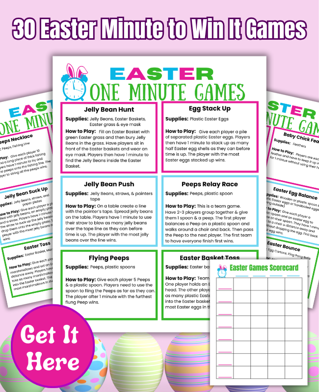 Fun Printable Easter One Minute Games for kids, teens and adults. You'll get 30 unique Easter Minutet to Win it Game ideas and supply list. Plus a bonus Easter games scorecard for a hilarious group game for families.